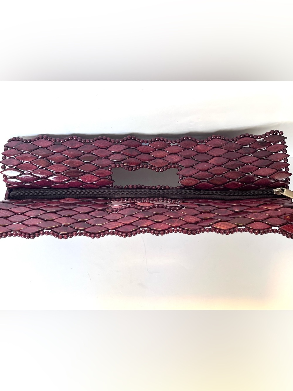Vivian Bowles Handmade Wooden Scale Clutch Purse Lined Interior Maroon Burgundy - Picture 2 of 8